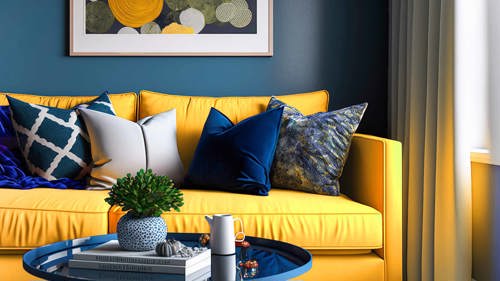 A modern living room with a yellow couch, cushions, and a circular coffee table.